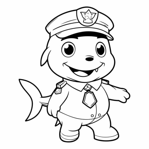 Black and White Cartoon Illustration of Cute Marine Captain Fish