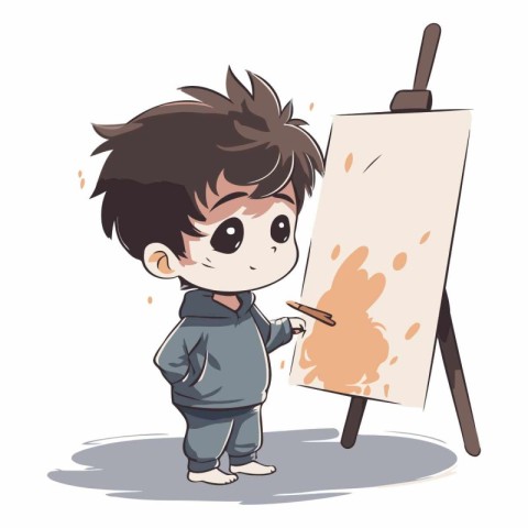 Cute little boy painting on easel. Vector cartoon illustration.