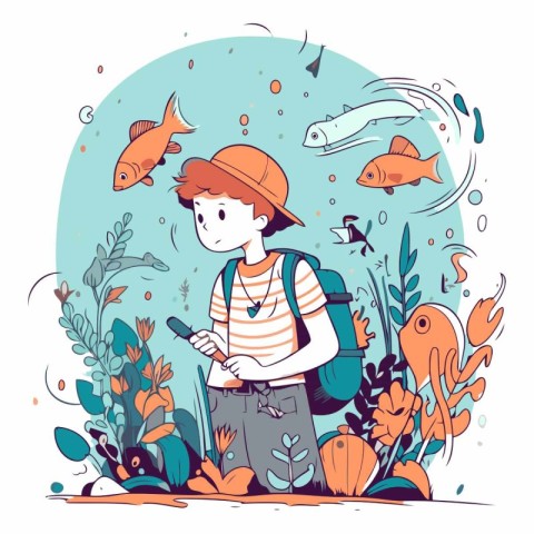 Vector illustration of a boy with a backpack looking at the fish