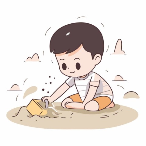 Cute little boy playing with sand in the beach.