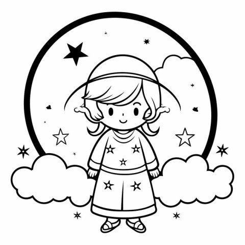 Coloring book for children: girl in the night sky with clouds