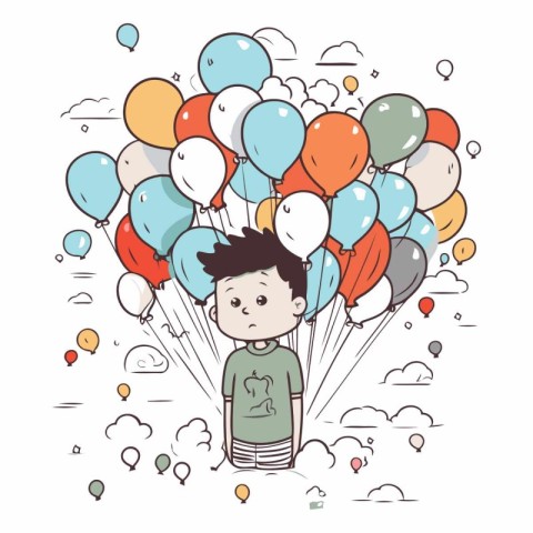 Cute boy with balloons. Hand drawn vector illustration. Doodle s