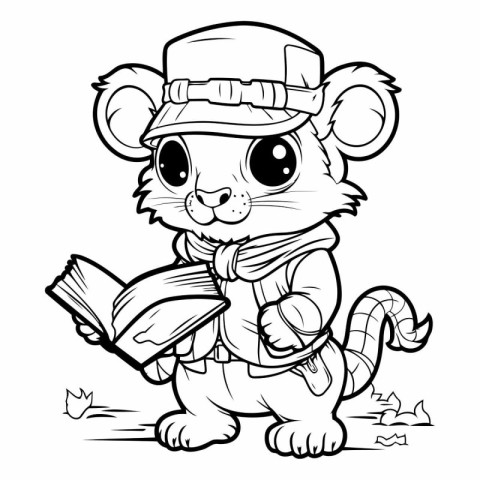 Black and White Cartoon Illustration of Little Mouse Reading a B