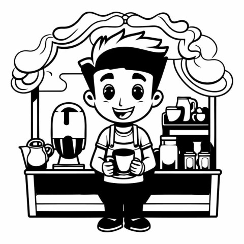 Coffee shop boy cartoon black and white vector illustration grap