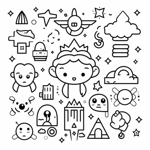 Cute doodle kids line icon set.