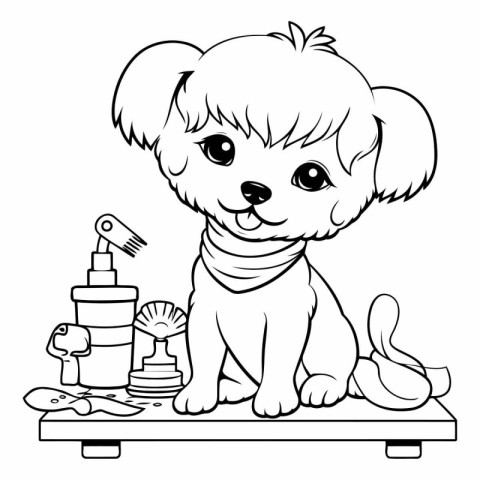 Coloring book for children: Cute dog with grooming tools.