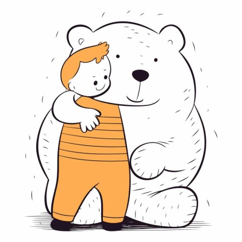 Cute little boy hugging a big polar bear.