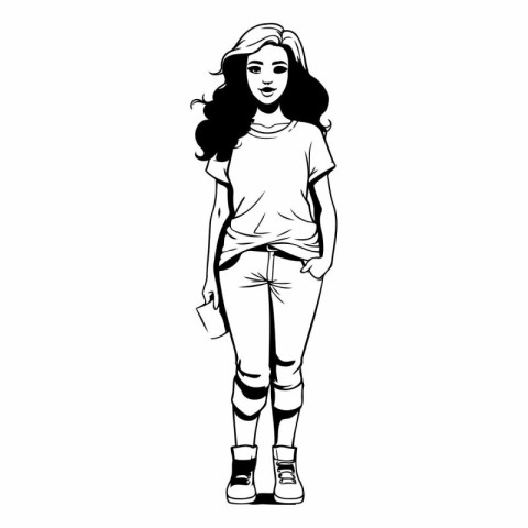 Fashion girl in sketch-style on white background.