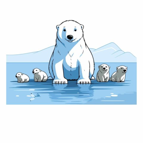 Polar bear with cubs in the water.