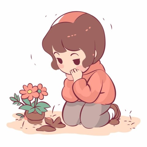 Illustration of a Cute Girl Sitting on the Ground with Flowers