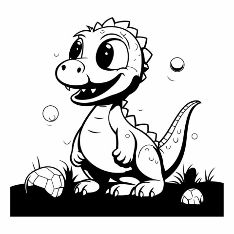 Cute cartoon dinosaur isolated on white background. Black and wh