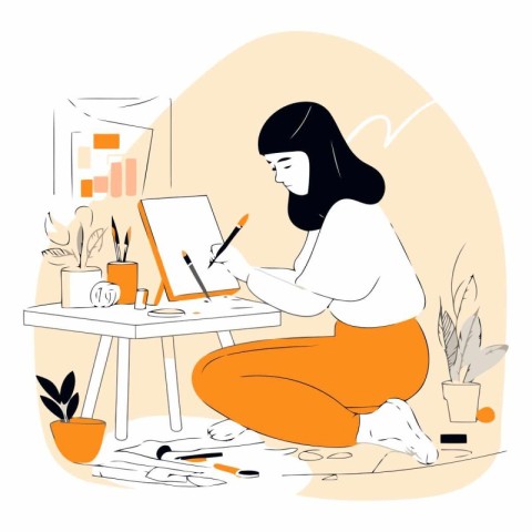 Young woman drawing in her room in flat style.