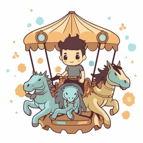 Cute little boy riding on a carousel.