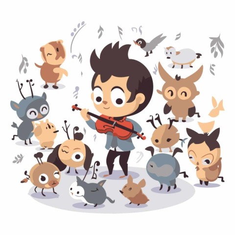 Cartoon boy playing the violin. surrounded by cute animals.