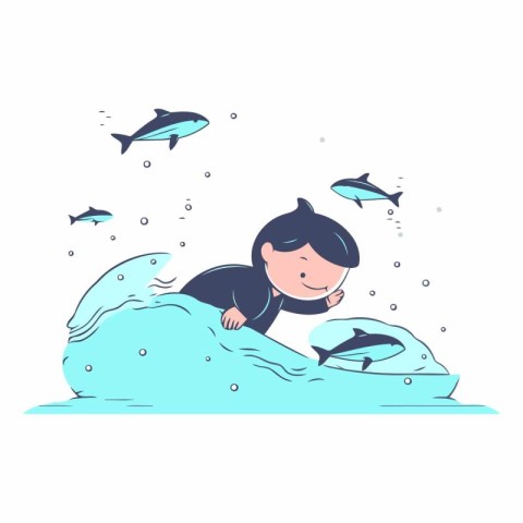 Vector illustration of a girl swimming in the ocean with a dolph