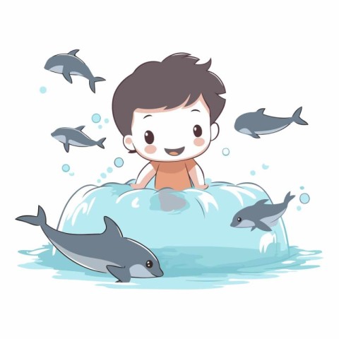 Little boy swimming with dolphins in the ocean. Cute cartoon vec