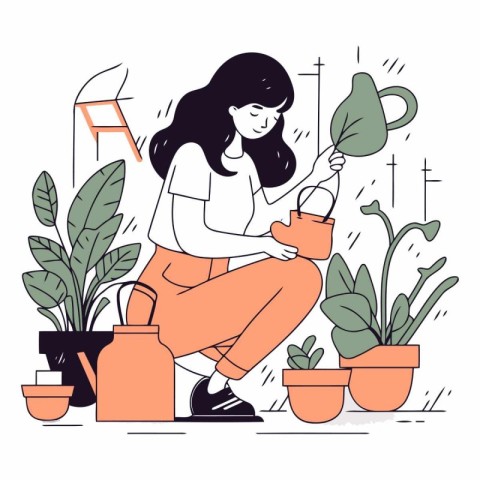 Gardening concept. Young woman watering houseplants