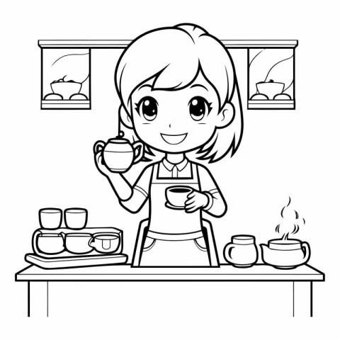 Black and White Cartoon Illustration of Cute Girl Holding a Cup