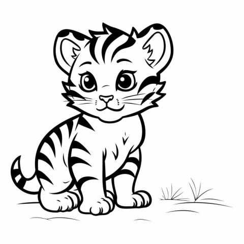 Black and White Cartoon Illustration of Cute Little Tiger Animal