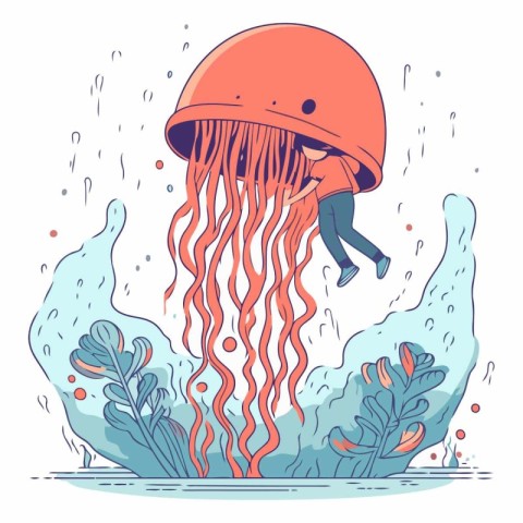 Vector illustration of a girl diving in the sea with a jellyfish