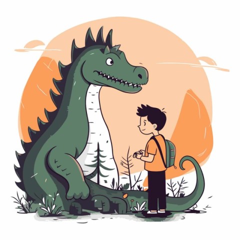 Vector illustration of a boy with a backpack and a dinosaur in t