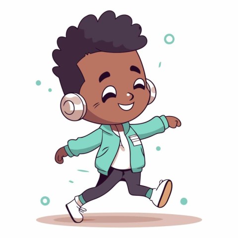 Cute little African American boy wearing headphones and dancing.