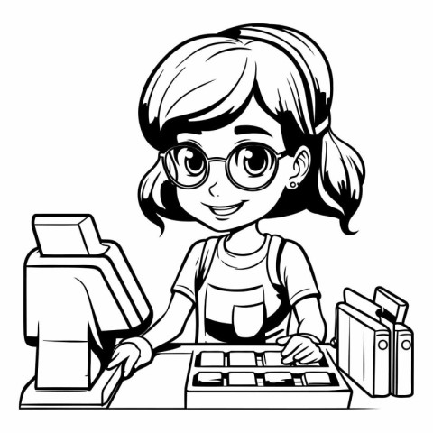 Girl with cash register. Black and white vector illustration for