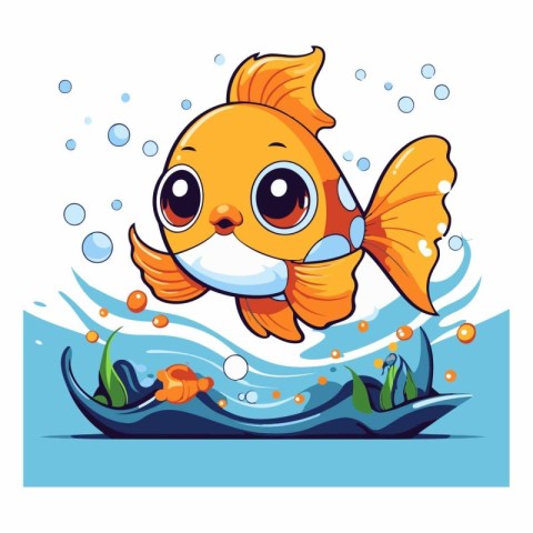 Cute cartoon goldfish swimming in the sea.