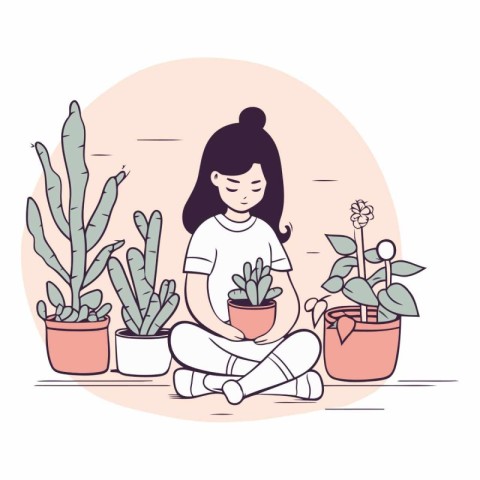 Girl sitting in lotus position and meditating with houseplants