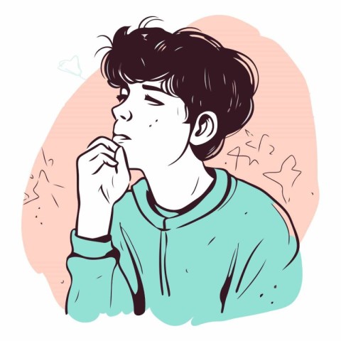 Young man thinks about something in hand drawn style.