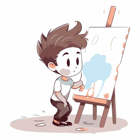 Boy drawing on easel. Cute cartoon character