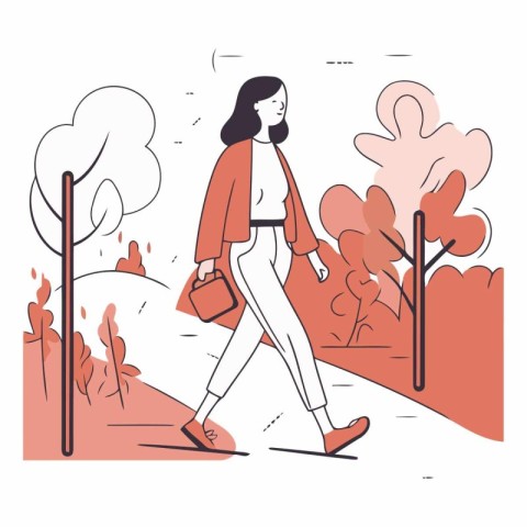 Young woman walking in the park in linear style.