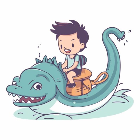 Little boy riding a dragon boat in cartoon style.