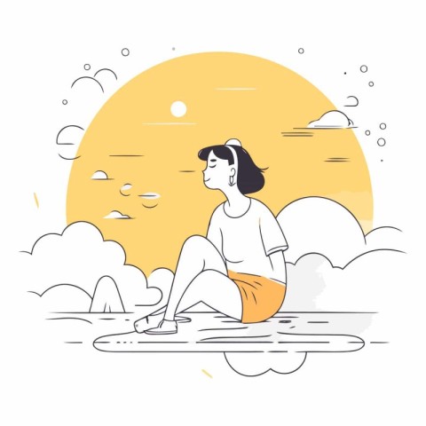 Vector illustration of a girl sitting on the seashore and lookin