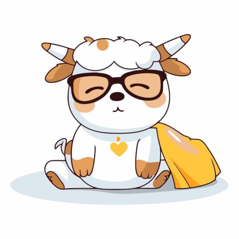 Cute cartoon bull with glasses and bag on white background.