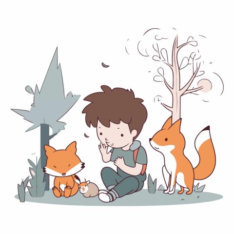 Little boy playing with foxes in the park.