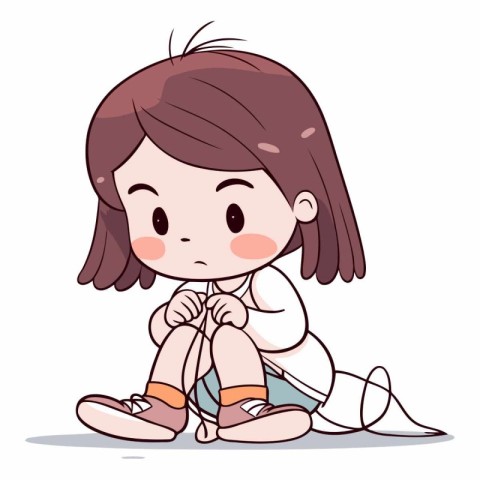 Illustration of a Cute Little Girl Sitting on the Floor and Thin