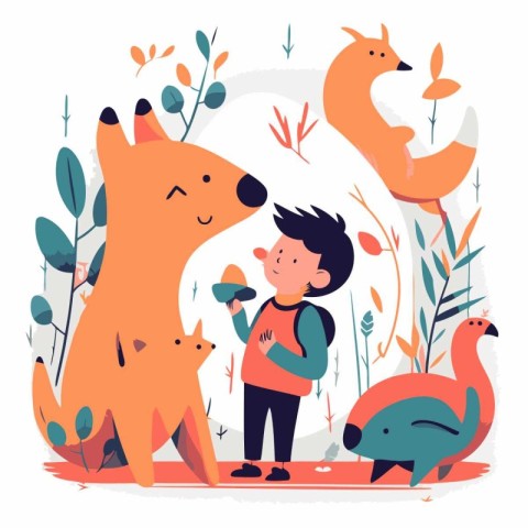 Vector illustration of a boy with a dog in a zoo. Flat style.