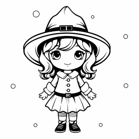 Black and White Cartoon Illustration of Cute Little Witch Charac