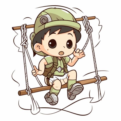 Illustration of a Kid Boy Wearing a Army Uniform on a Swing