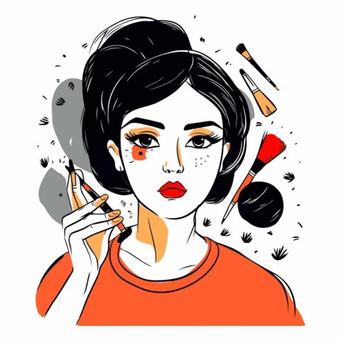 Vector illustration of young woman applying make up. Hand drawn