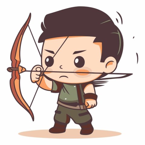 Cute boy aiming with bow and arrow. Vector cartoon illustration.