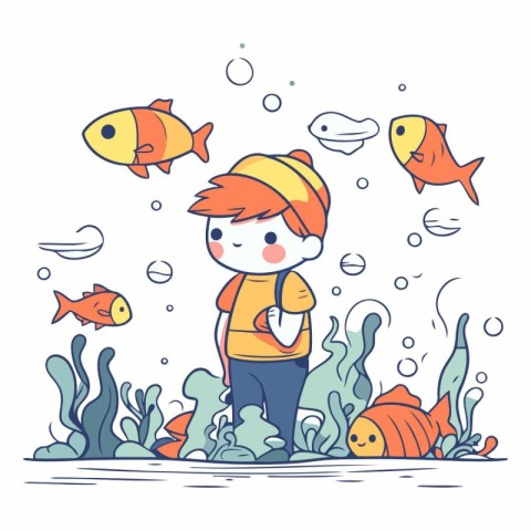 Cute little boy swimming in the sea with fishes.