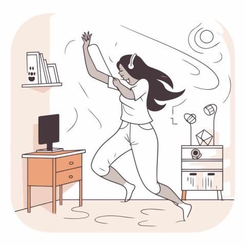 Vector illustration of a young woman dancing at home in the morn