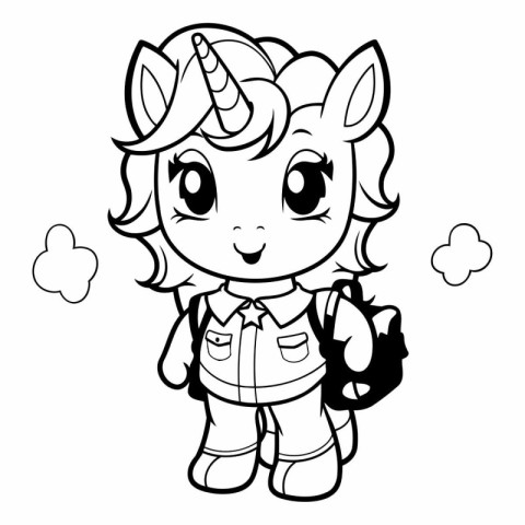 Black and White Cartoon Illustration of Cute Unicorn Fantasy Cha