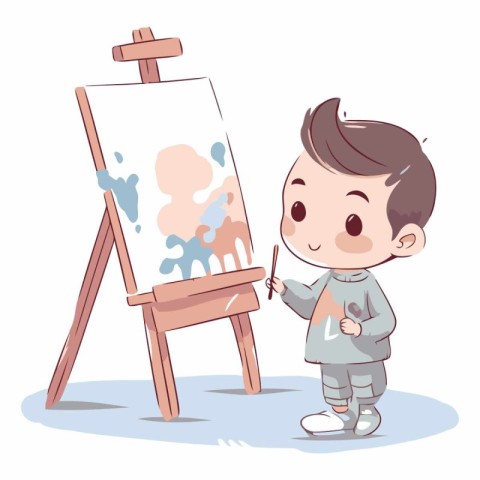 Cute little boy painting a picture on easel vector illustration.