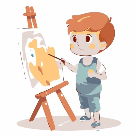 Cartoon Cute Little Boy Painting on Easel Vector Illustration