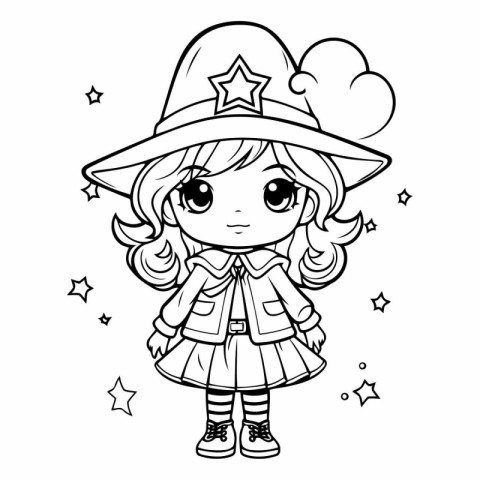 Coloring book for children: Cute girl in a witch costume