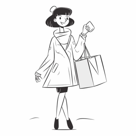 Vector illustration of a girl in a coat with a shopping bag.