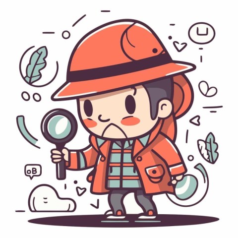 Cute cartoon fireman holding magnifying glass.